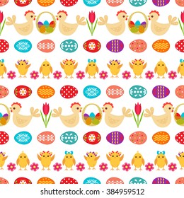 Easter seamless pattern with colorful Easter eggs, chicken, basket, hen and flower on white background. Perfect for gift wrapping paper, exterior design, wallpapers.