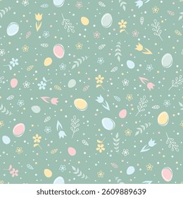 Easter seamless pattern with colorful flowers, Easter eggs and branches on a green background. Vector illustration