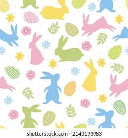 Easter seamless pattern. Colorful rabbits, flowers and leaves on a white background.