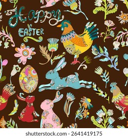 Easter seamless pattern with colorful roosters, hares, flowers and decorative eggs in folk style. Spring festive design for fabric, packaging and cards.