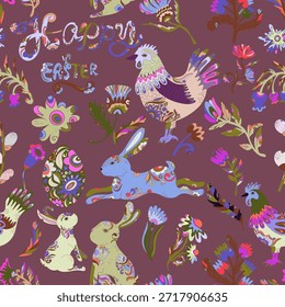 Patrón sin fisuras de Pascua con gallos de colores, liebres, flores y huevos decorativos en estilo popular. Diseño festivo de primavera para tela, embalaje y tarjetas.
