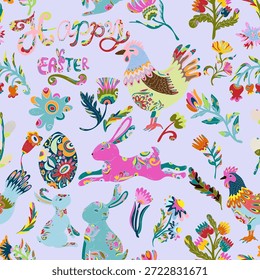 Páscoa padrão sem costura com galos coloridos, lebres, flores e ovos decorativos em estilo folk. Design festivo de primavera para tecido, embalagem e cartões.