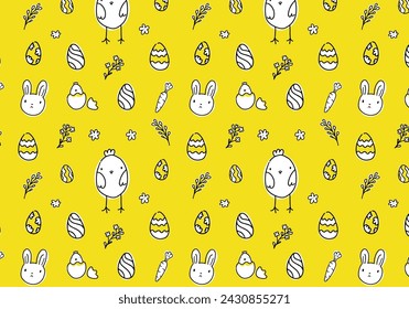 Easter seamless pattern with colourful rabbits, chickens, eggs, and flowers on yellow background. Hand-drawn children style illustration for spring design and greeting cards. Colourful vector art.