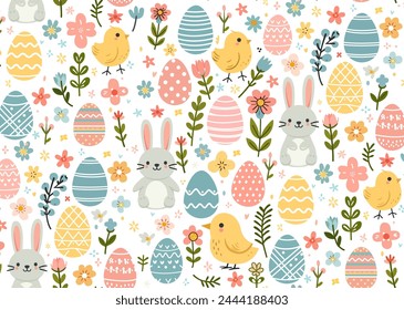 Easter seamless pattern contains hares, eggs, leaves, bushes, decor. 