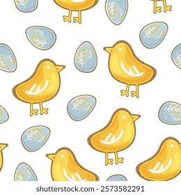 Easter seamless pattern with cookies in the form of yellow chickens and blue eggs. Children cute bird.