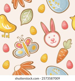 Easter seamless pattern with cookies in the shape of Easter eggs, bunny, chicken, butterfly, flower, leaf and carrot. Children cute animal pattern.