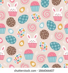 Easter seamless pattern with cupcake, rabbit, eggs, flowers, leaves on beige background. Scandinavian style. Perfect for holiday invitations, spring greeting cards, wallpaper and gift paper