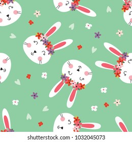 Easter seamless pattern with cute baby rabbits and flowers