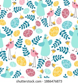 Easter seamless pattern with cute birds, branches and Easter eggs on a white background. Isolated objects. Vector illustration for fabric, postcards, wallpaper, covers, packaging, wrapping paper.