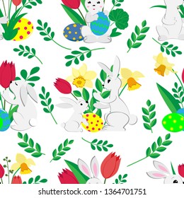 Easter seamless pattern with cute bunnies , painted eggs , spring tulips and daffodils, twigs with green leaves on a white background