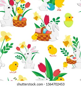 Easter seamless pattern with cute bunnies , painted eggs in a wicker basket , fluffy chickens, spring tulips and daffodils, twigs with green leaves on a white background