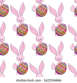 Easter seamless pattern with cute bunnies and colored eggs. Colorful vector background.
