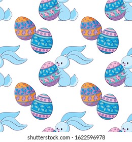 Easter seamless pattern with cute bunnies and colored eggs. Colorful vector background.