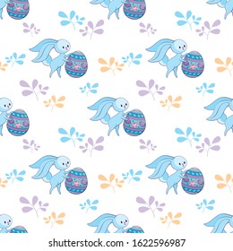 Easter seamless pattern with cute bunnies and colored eggs. Colorful vector background.