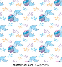 Easter seamless pattern with cute bunnies and colored eggs. Colorful vector background.