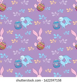 Easter seamless pattern with cute bunnies and colored eggs. Colorful vector background.