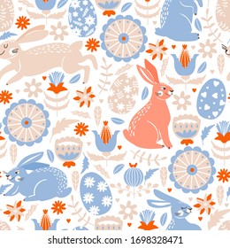Easter seamless pattern with cute bunnies, egg, flowers and leaves. Folk motif. Texture for textile, postcard, wrapping paper, packaging etc. Vector illustration.