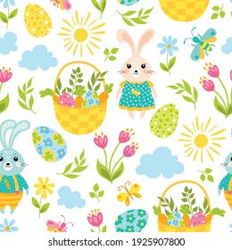 Easter seamless pattern with cute bunnies, basket, eggs, carrots, flowers, sun, clouds, bees and leaves. Vector illustration.