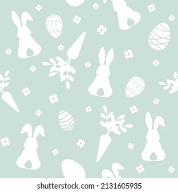 Easter seamless pattern with cute bunnies, colored eggs and flowers. Vector illustration.