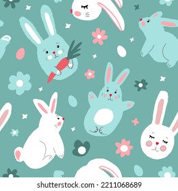 Easter seamless pattern with cute bunnies, flowers and eggs. Modern simple flat vector illustration. Ideal for baby products.