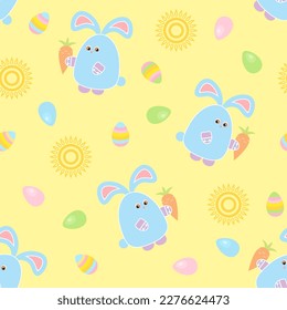Easter seamless pattern. Cute bunnies with carrots, multi-colored Easter eggs and the sun on a yellow background.