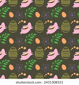 Easter seamless pattern with cute bunnies and colored eggs. Colorful vector background