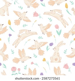 Easter seamless pattern with cute bunnies, birds and wildflowers on white background. Spring pattern for banner, wallpaper, packaging, textiles design. Vector illustration