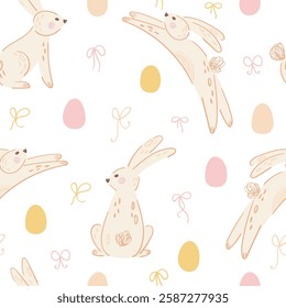 Easter seamless pattern with cute bunnies, eggs and bows on white background. Spring pattern for banner, wallpaper, packaging, textiles design. Vector illustration