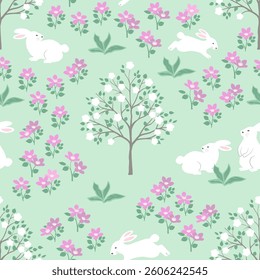 Easter seamless pattern with cute bunnies and beautiful floral on spring garden,vector illustration