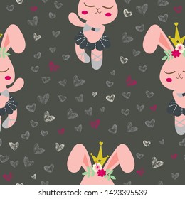 Easter seamless pattern with cute bunny dancing on sketchy hearts background. Kawaii rabbit dance illustration. Design for textile, fabric, decoration, wallpaper, wrapping, scrapbook and packaging.