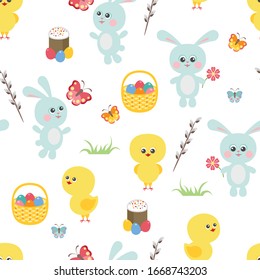 Easter seamless pattern. Cute bunny, chicken, easter cake, basket with colored eggs, butterfly, grass, pussy-willow twig isolated on white background. Vector illustration in cartoon flat simple style.