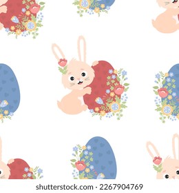 Easter seamless pattern. Cute Bunny with Easter egg and flowers on white background. Vector illustration in flat cartoon style. For holiday decor, packaging, wallpapers, prints and textiles