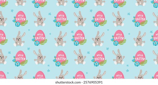 Easter seamless pattern with cute bunny, egg, flowers. Cartoon background with animal and floral composition. Vector design for wrapping paper,wallpaper,textile,cover. Flat color seasonal illustration