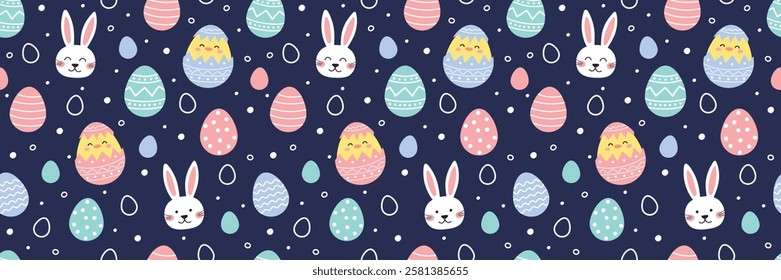 Easter seamless pattern with cute bunny, egg and chick. Collection. Colourful background in cartoon style. Vector illustration
