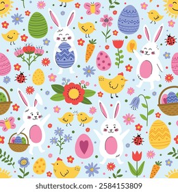 Easter seamless pattern with cute bunny, eggs, chick and flower. Cartoon style background. Vector illustration