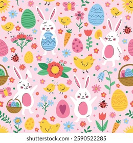 Easter seamless pattern with cute bunny, eggs, chick and flower. Cartoon style background. Vector illustration
