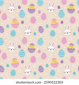 Easter seamless pattern with cute bunny, egg and chick. Collection. Colourful background in cartoon style. Vector illustration