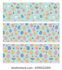 Easter seamless pattern with cute bunny, egg and chick. Collection. Colourful background in cartoon style. Vector illustration