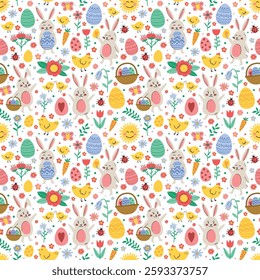 Easter seamless pattern with cute bunny, eggs, chick and flower. Cartoon style background. Vector illustration