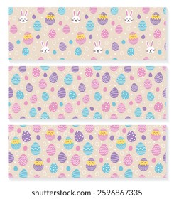 Easter seamless pattern with cute bunny, egg and chick. Collection. Colourful background in cartoon style. Vector illustration