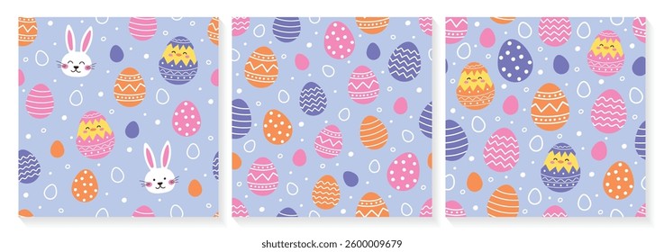 Easter seamless pattern with cute bunny, egg and chick. Collection. Colourful background in cartoon style. Vector illustration