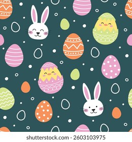 Easter seamless pattern with cute bunny, egg and chick. Collection. Colourful background in cartoon style. Vector illustration