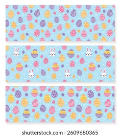 Easter seamless pattern with cute bunny, egg and chick. Collection. Colourful background in cartoon style. Vector illustration
