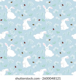 Easter seamless pattern with cute bunny,flowers and ladybug on springtime,vector illustration