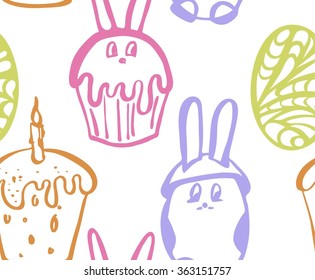 Easter seamless pattern with cute cake ,eggs, bunnies . Vector illustration hand drawn