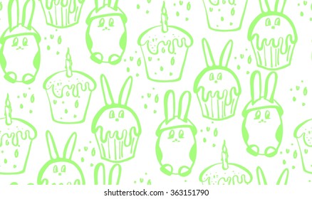 Easter seamless pattern with cute cake ,eggs, bunnies . Vector illustration hand drawn