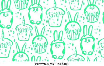 Easter seamless pattern with cute cake ,eggs, bunnies . Vector illustration hand drawn