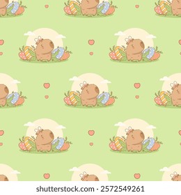 Easter Seamless pattern. Cute Capybara with decorative paschal Eggs on green background. Holiday cartoon kawaii character animal backdrop. Vector illustration. Kids collection