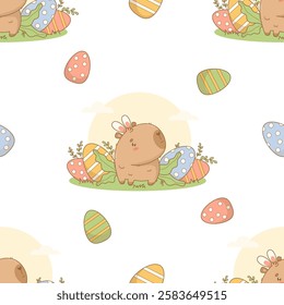 Easter Seamless pattern with cute Capybara Bunny in grass with paschal Eggs on white background. Holiday cartoon kawaii character. Vector illustration. Kids collection