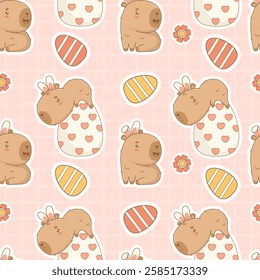 Easter Seamless pattern. Cute Capybara with Bunny Ears with paschal Eggs on pink checkered background. Holiday cartoon kawaii animal backdrop. Vector illustration. Kids collection